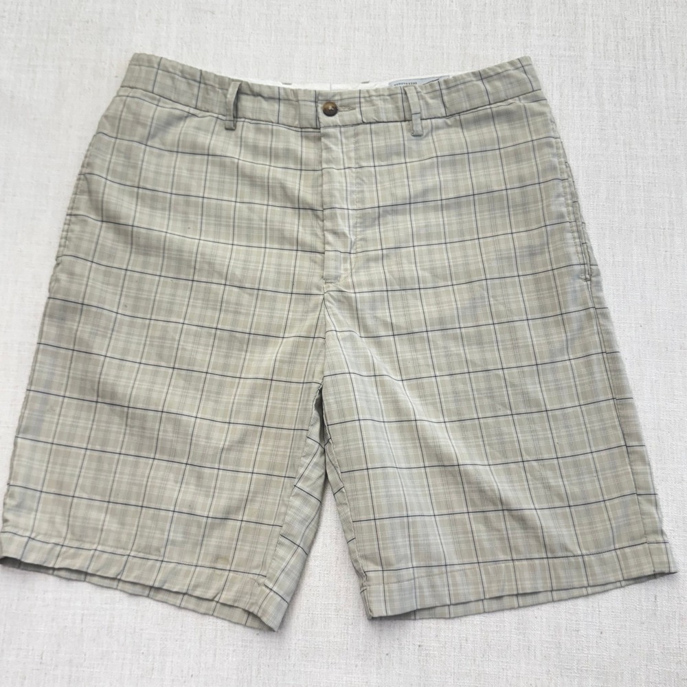 Greg Norman Mens Plaid Golf Shorts Tan Blue Stretch Performance Sz 34 Flat Front